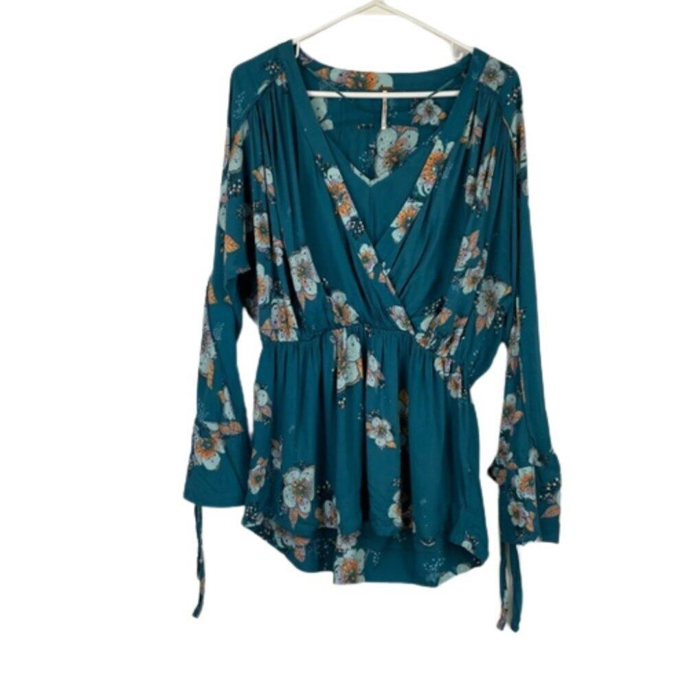 Free People Teal Floral Tuscan Dreams Blouse V-Neck Tie Sleeves size XS